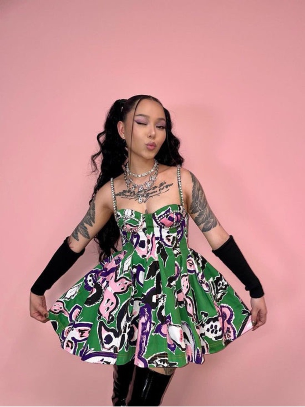 Area Embellished printed denim Mini Dress in Green Floral Size 0